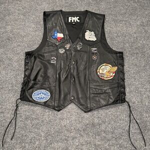 FMC Men's Sz 48 Black Genuine‎ Leather Motorcycle Biker Vest With Pins & Patches